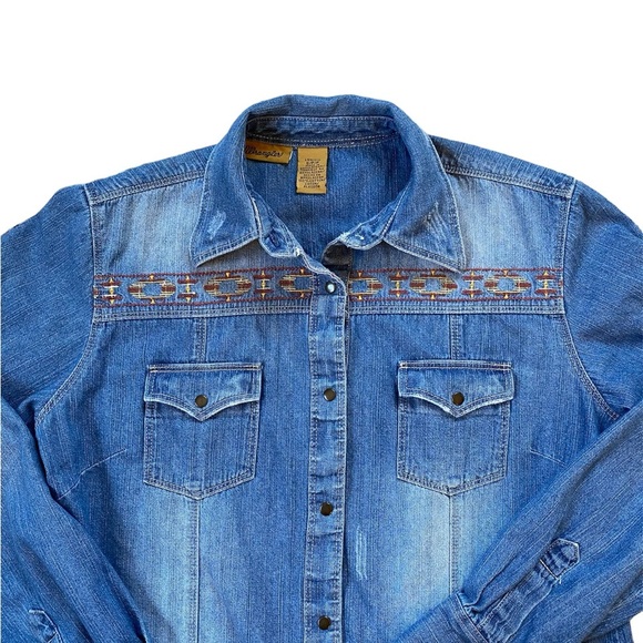 Wrangler Embroidered Denim Snap Button Shirt - Picture 2 of 8